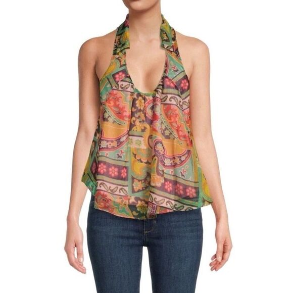 FREE PEOPLE Strawberry Tank Meadow Combo Flowy Lined Bohemian Tank sz L - Picture 1 of 10
